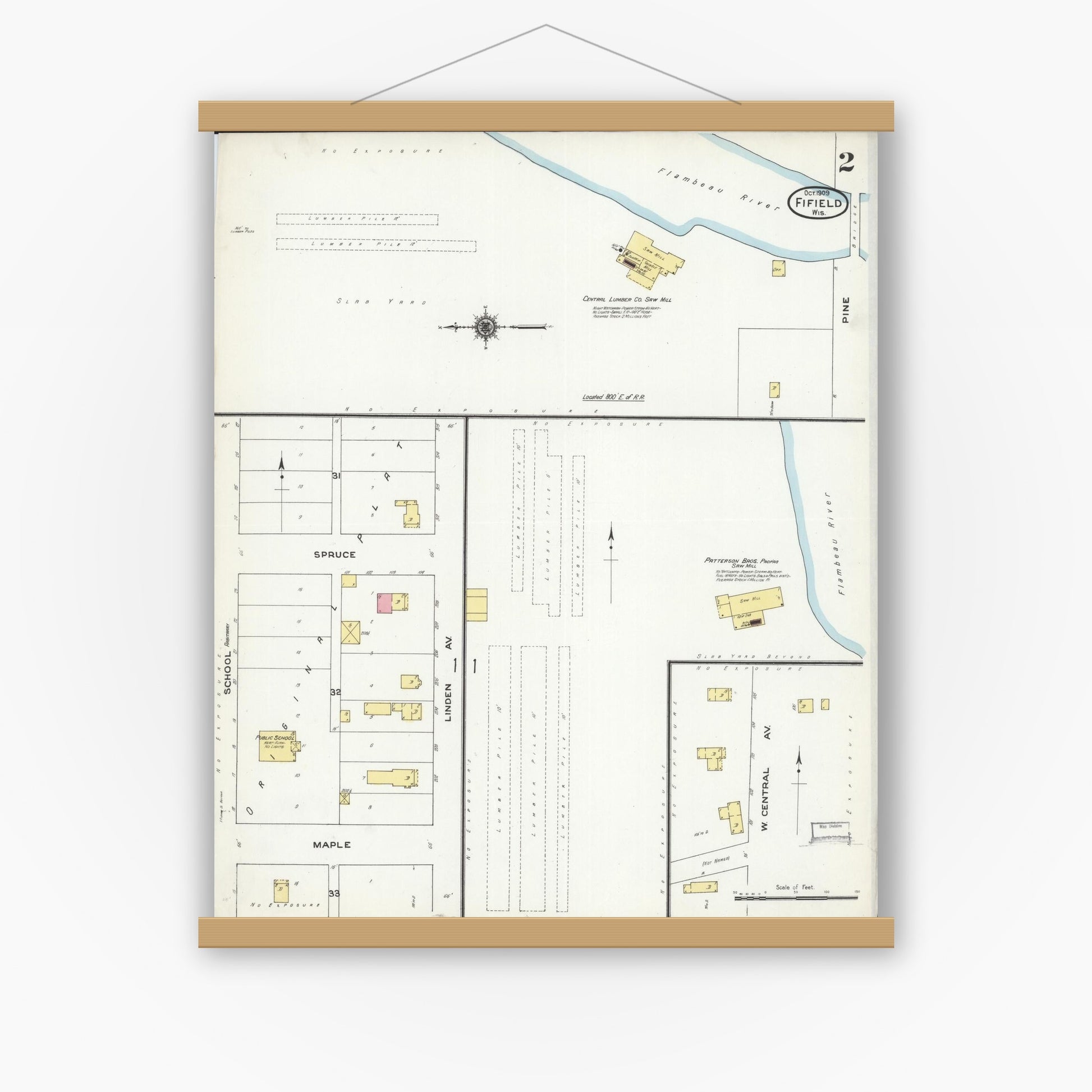 Old map wall art mockup — magnetic wood frame on white wall — Sanborn Fire Insurance Map from Fifield, Price County, Wisconsin (1909), Sheet #0002