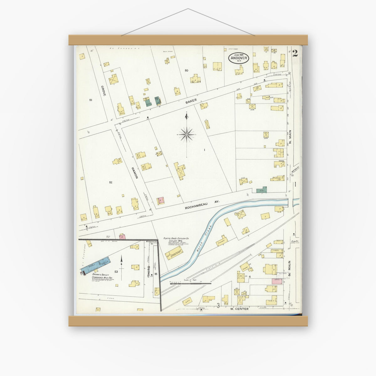 Old map wall art mockup — magnetic wood frame on white wall — Sanborn Fire Insurance Map from Andover, Allegany County, New York (1909), Sheet #0002
