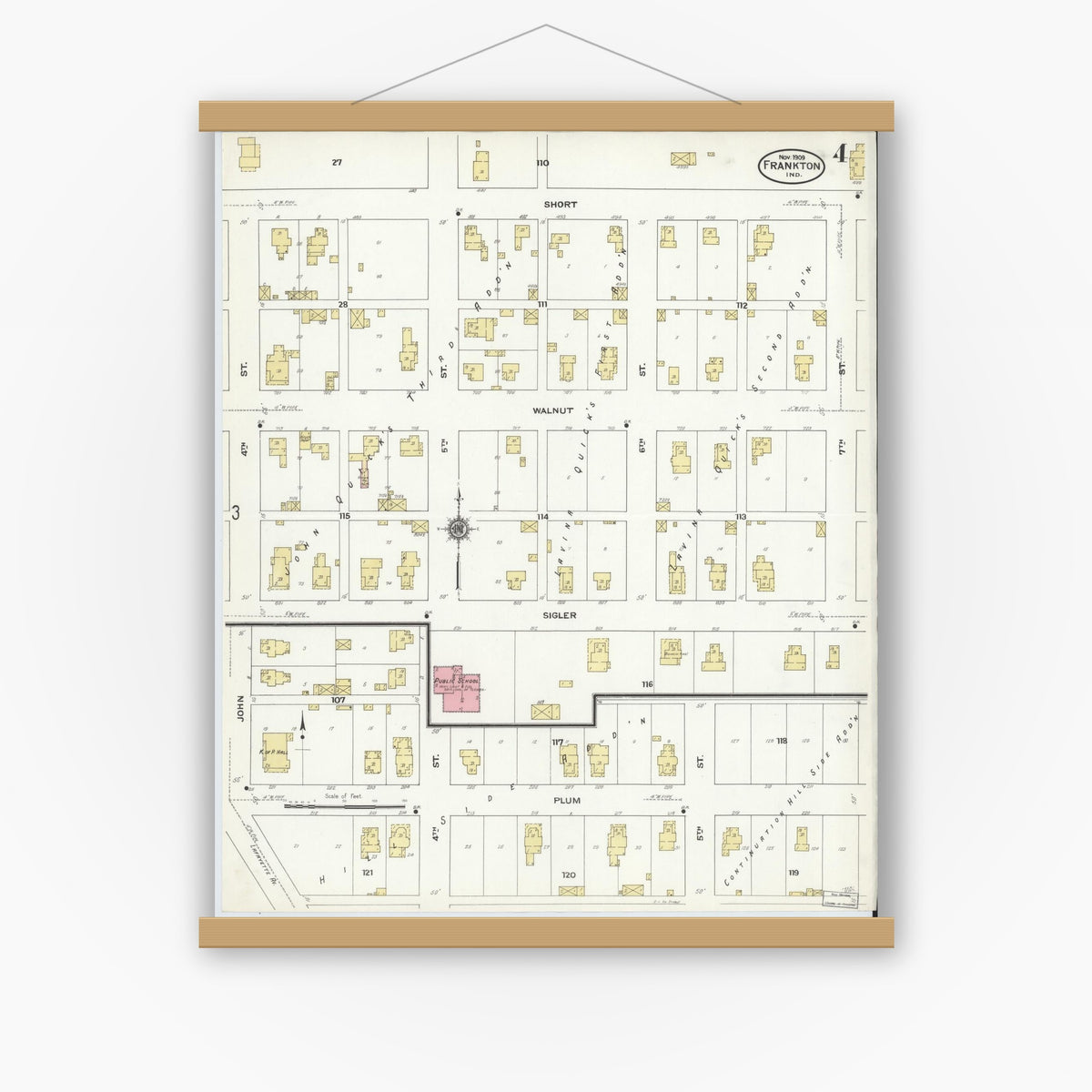 Old map wall art mockup — magnetic wood frame on white wall — Sanborn Fire Insurance Map from Frankton, Madison County, Indiana (1909), Sheet #0004