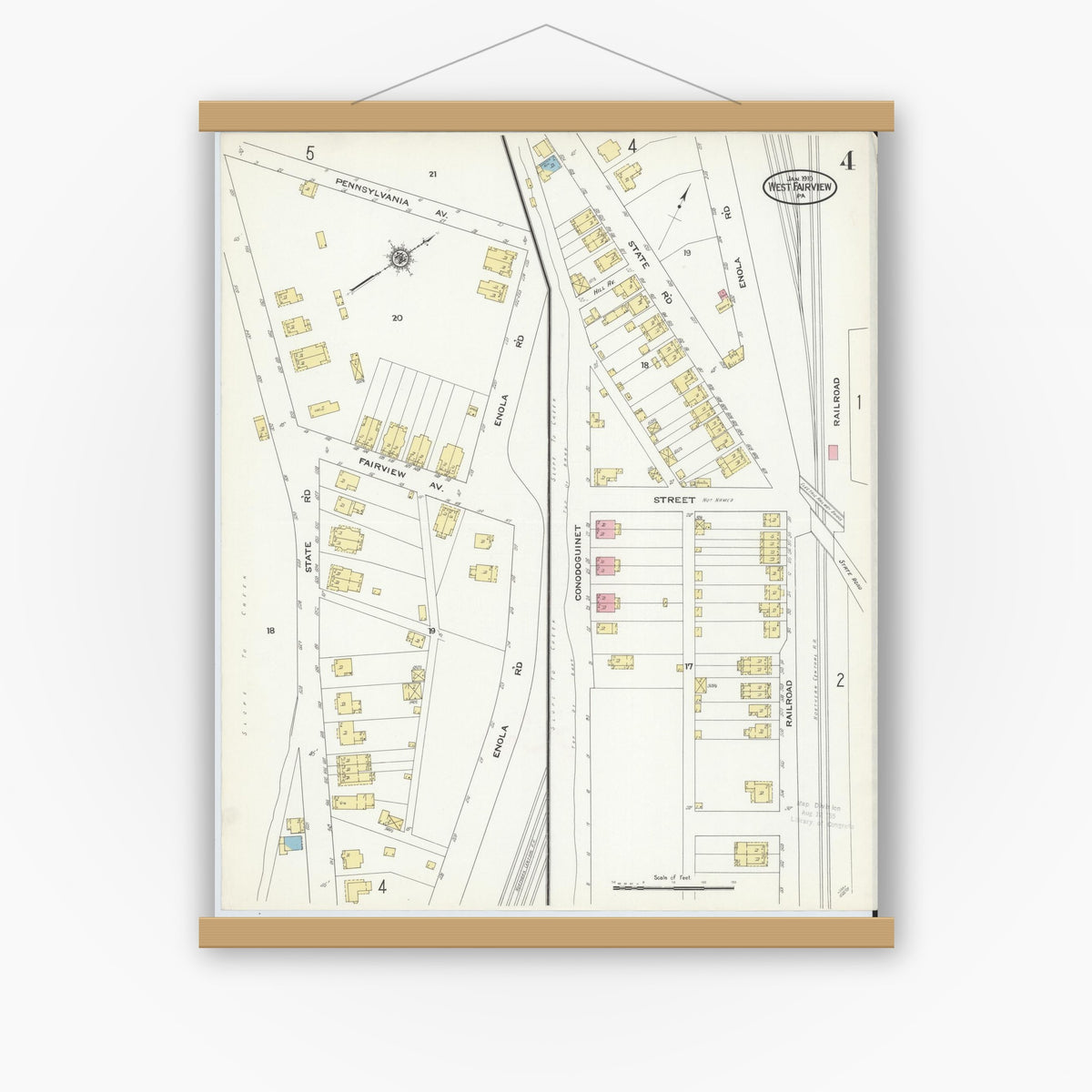 Old map wall art mockup — magnetic wood frame on white wall — Sanborn Fire Insurance Map from West Fairview, Cumberland County, Pennsylvania (1910), Sheet #0004