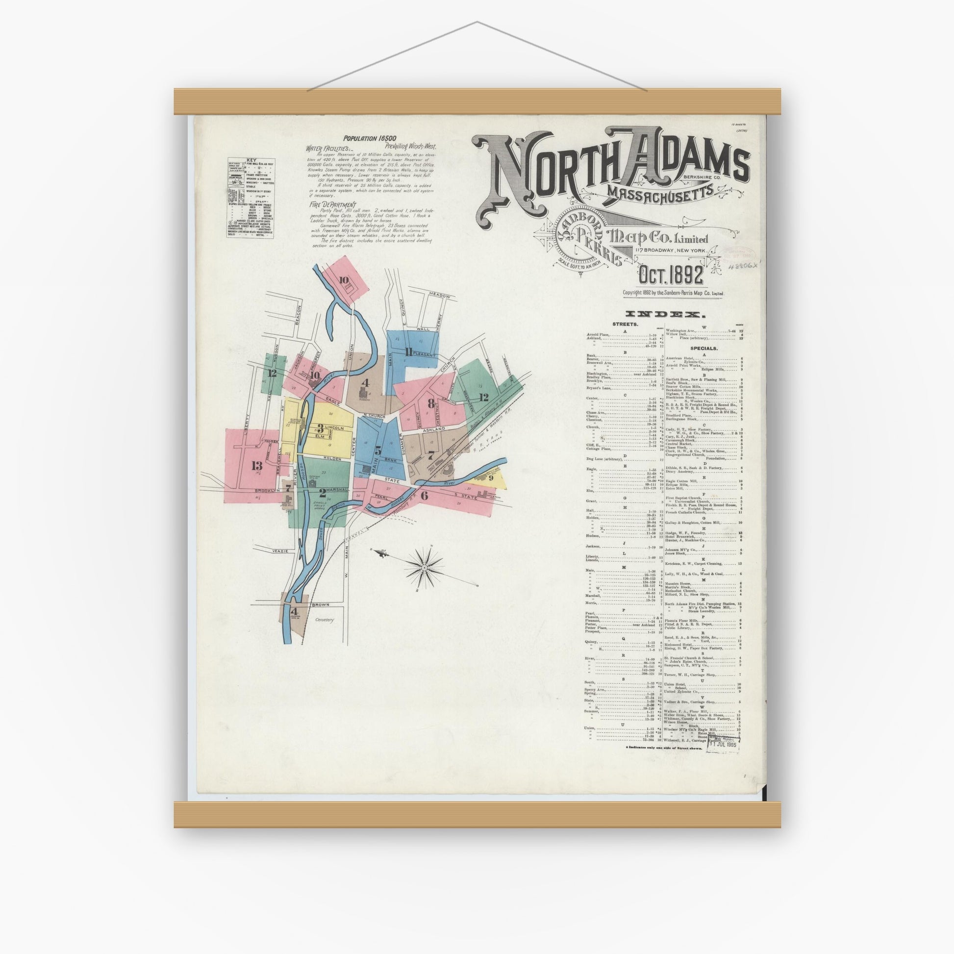 Old map wall art mockup — magnetic wood frame on white wall — Sanborn Fire Insurance Map from North Adams, Berkshire County, Massachusetts (1892) - Complete Map Set