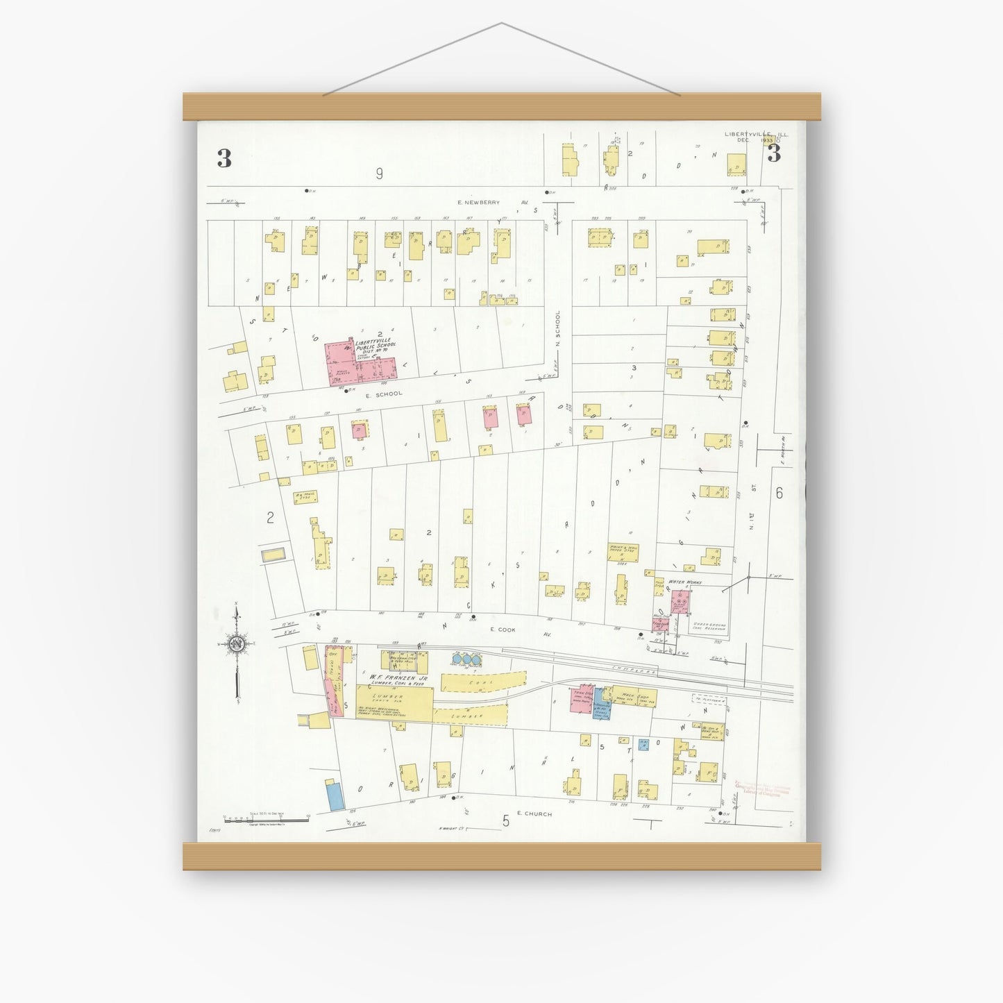 Old map wall art mockup — magnetic wood frame on white wall — Sanborn Fire Insurance Map from Libertyville, Lake County, Illinois (1933), Sheet #0003