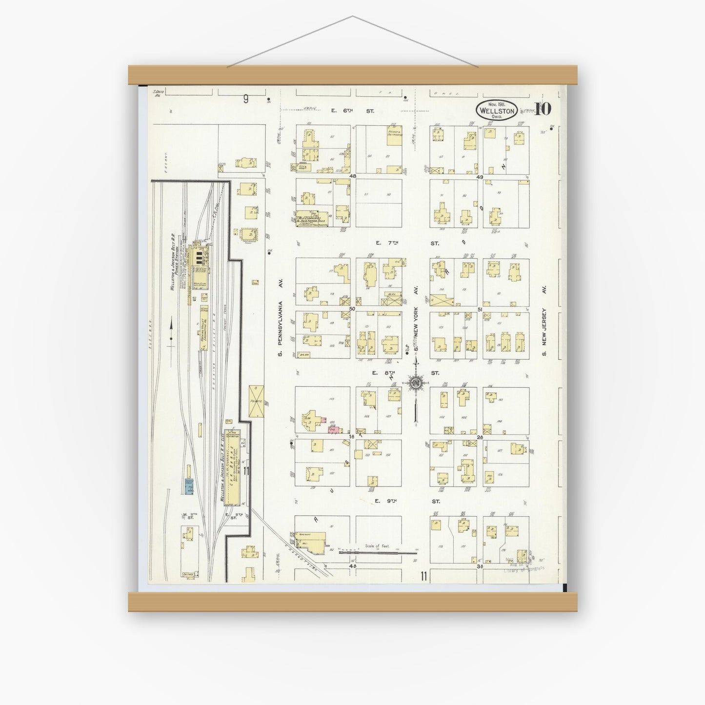 Old map wall art mockup — magnetic wood frame on white wall — Sanborn Fire Insurance Map from Wellston, Jackson County, Ohio (1911), Sheet #0010