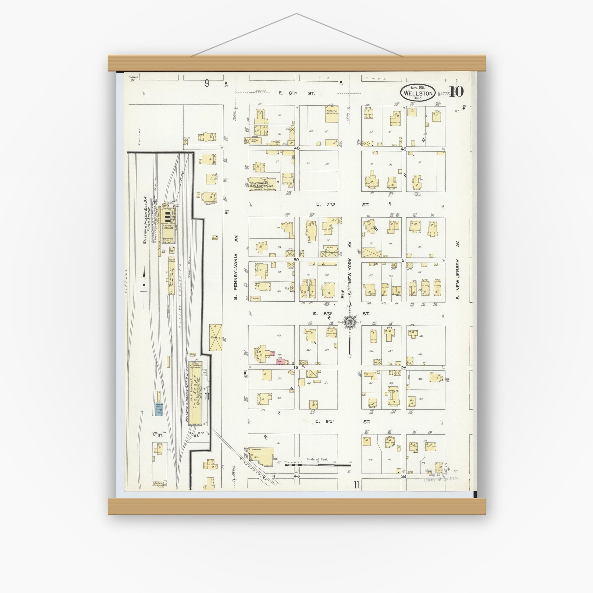 Old map wall art mockup — magnetic wood frame on white wall — Sanborn Fire Insurance Map from Wellston, Jackson County, Ohio (1911), Sheet #0010
