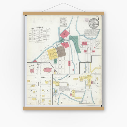 Old map wall art mockup — magnetic wood frame on white wall — Sanborn Fire Insurance Map from Elk Rapids, Antrim County, Michigan (1907), Sheet #0001