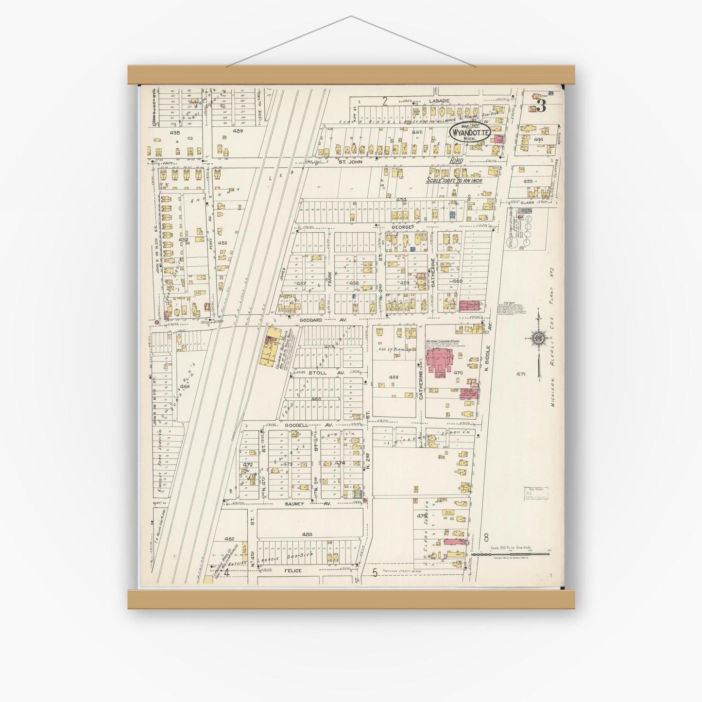 Old map wall art mockup — magnetic wood frame on white wall — Sanborn Fire Insurance Map from Wyandotte, Wayne County, Michigan (1922), Sheet #0003