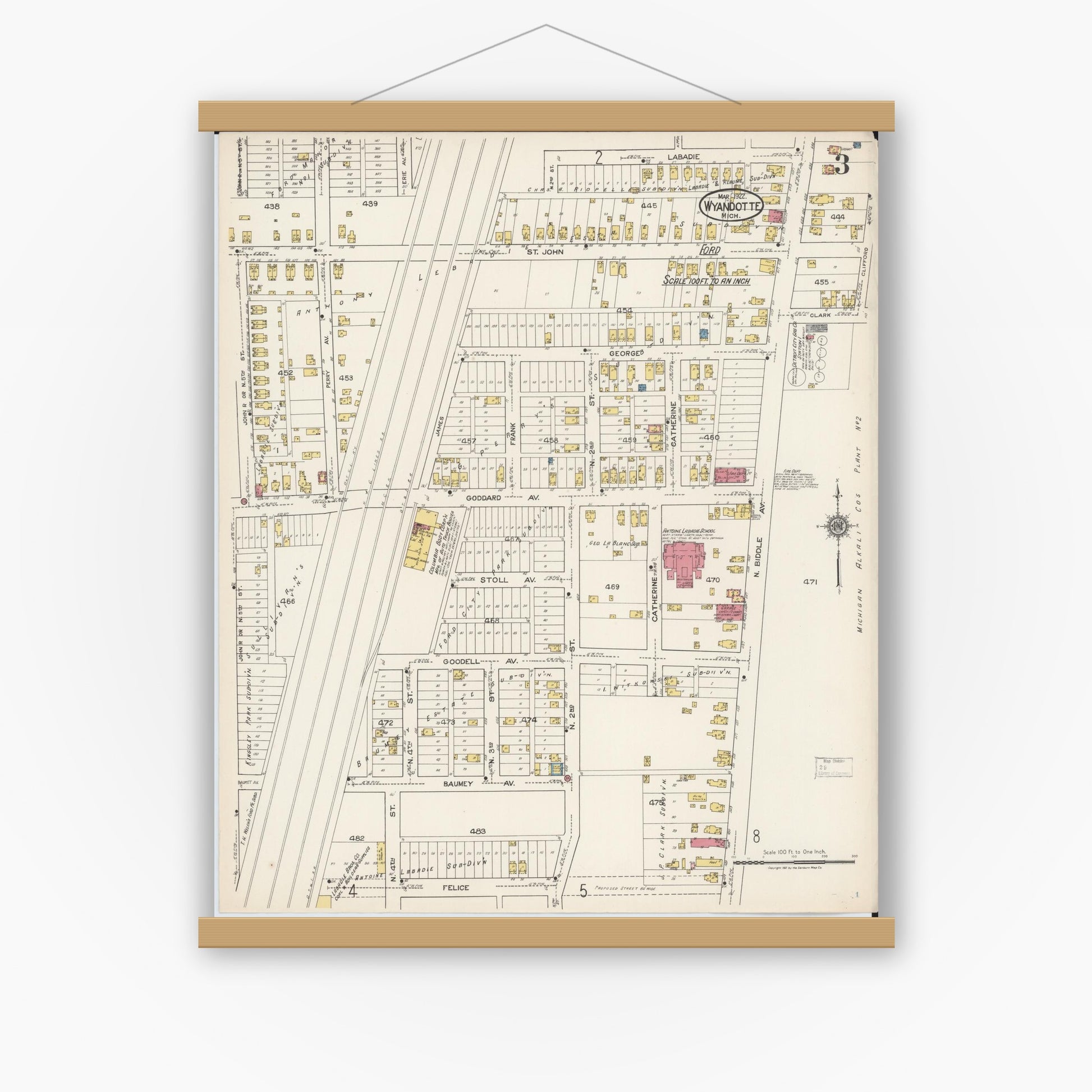Old map wall art mockup — magnetic wood frame on white wall — Sanborn Fire Insurance Map from Wyandotte, Wayne County, Michigan (1922), Sheet #0003