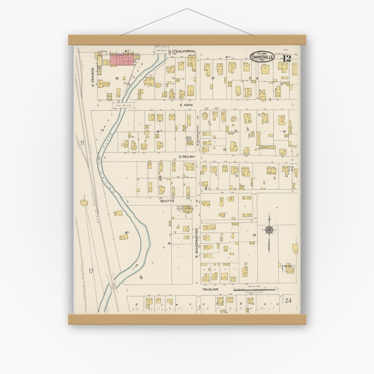Old map wall art mockup — magnetic wood frame on white wall — Sanborn Fire Insurance Map from Gainesville, Cooke County, Texas (1922), Sheet #0012