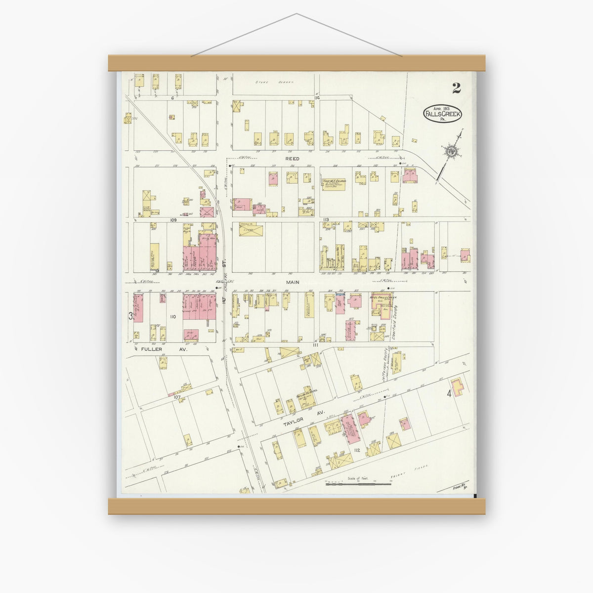 Old map wall art mockup — magnetic wood frame on white wall — Sanborn Fire Insurance Map from Falls Creek, Jefferson And Clearfield Counties, Pennsylvania (1913), Sheet #0002