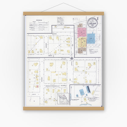 Old map wall art mockup — magnetic wood frame on white wall — Sanborn Fire Insurance Map from La Plata, Macon County, Missouri (1916) - Complete Map Set