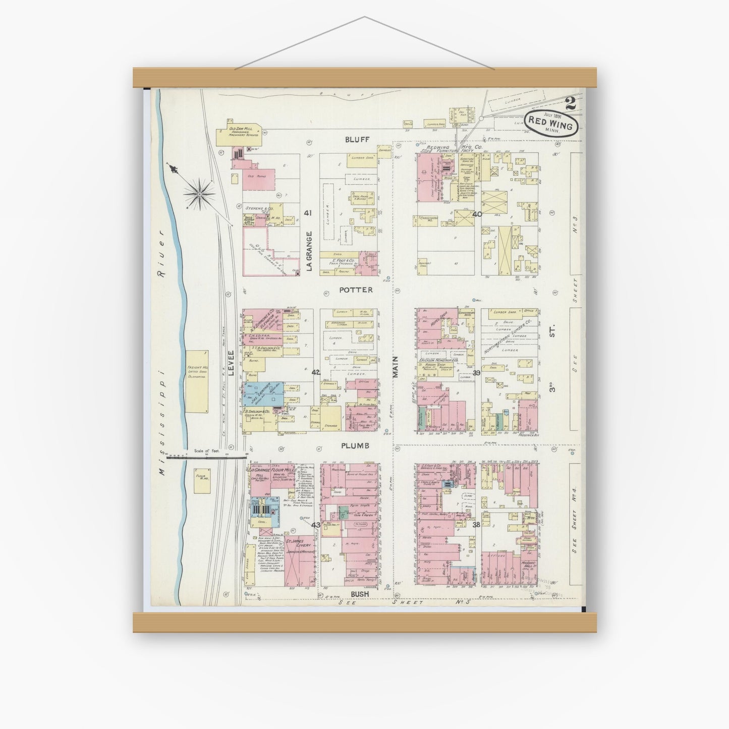 Old map wall art mockup — magnetic wood frame on white wall — Sanborn Fire Insurance Map from Red Wing, Goodhue County, Minnesota (1891), Sheet #0002