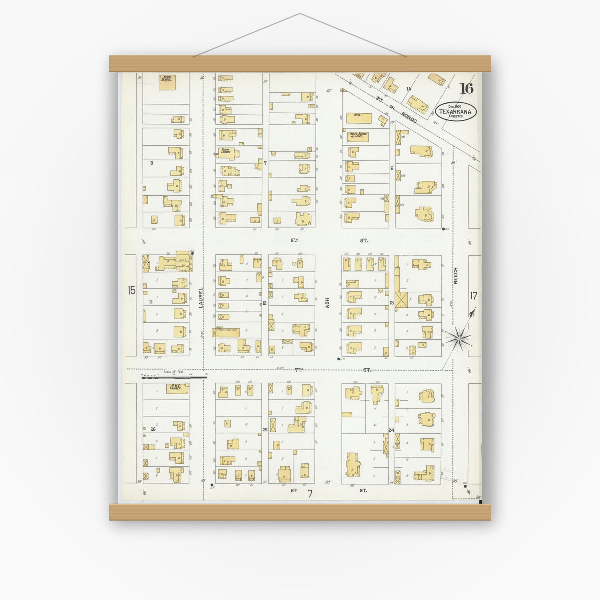 Old map wall art mockup — magnetic wood frame on white wall — Sanborn Fire Insurance Map from Texarkana, Bowie County, Texas (1900), Sheet #0016