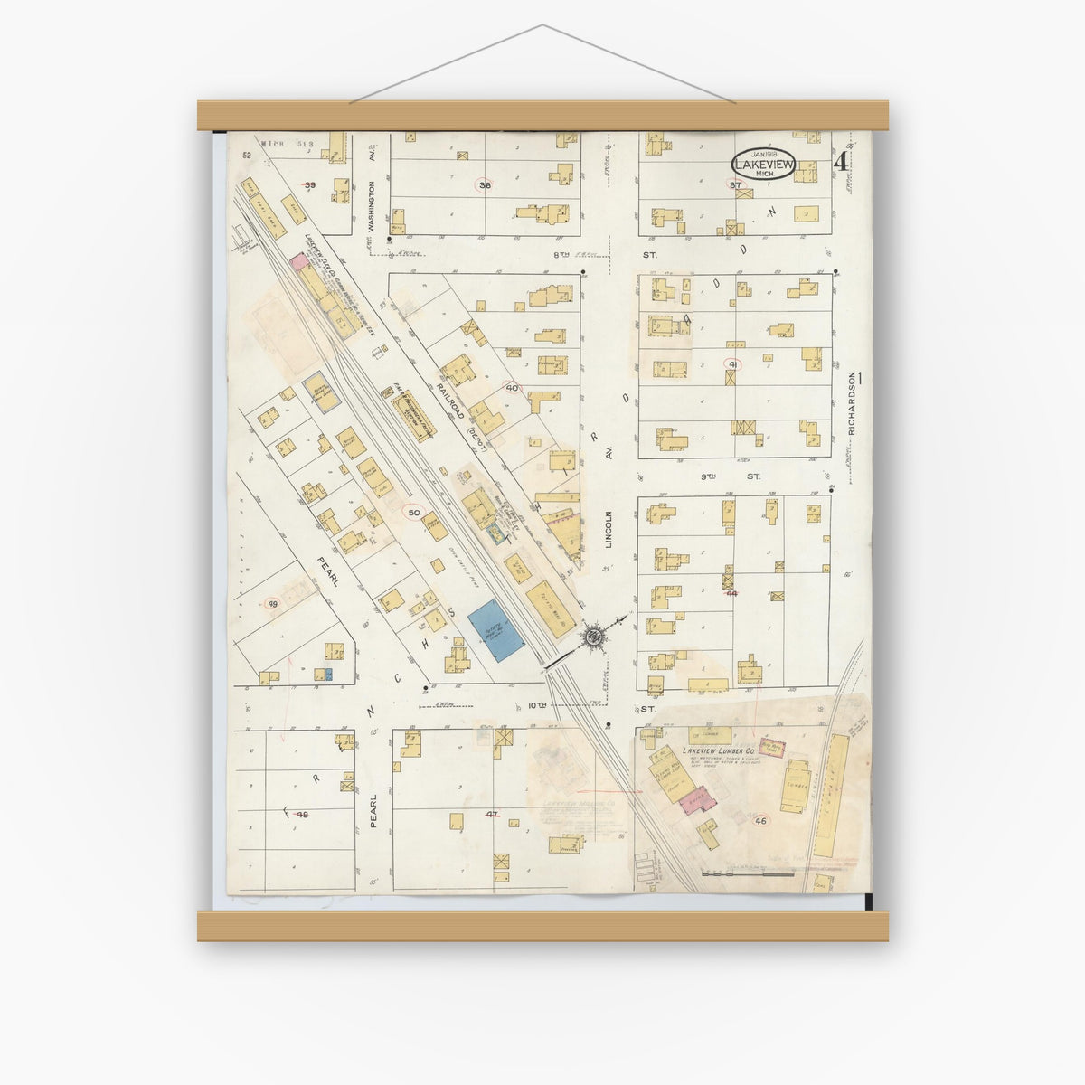 Old map wall art mockup — magnetic wood frame on white wall — Sanborn Fire Insurance Map from Lakeview, Montcalm County, Michigan (1932), Sheet #0004