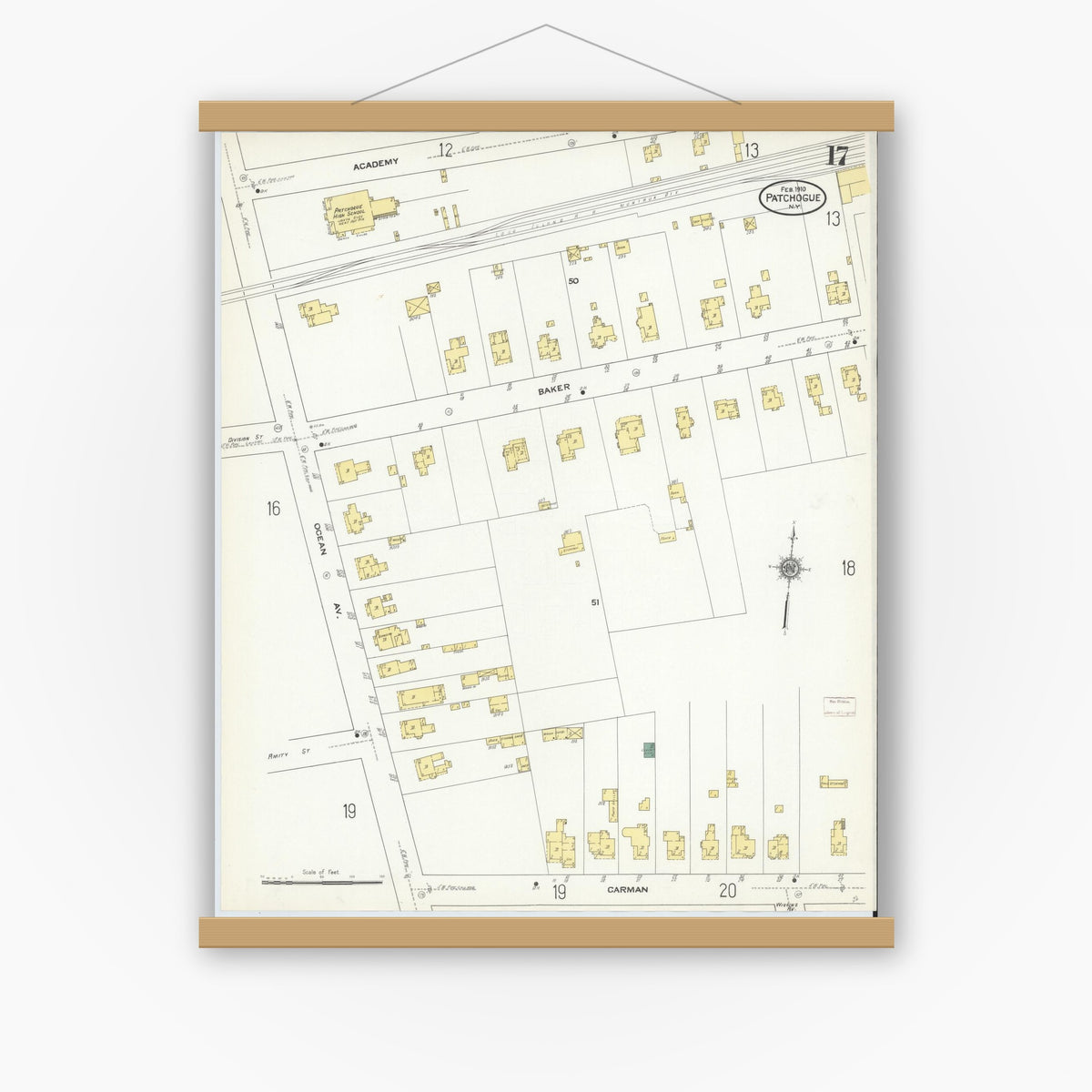 Old map wall art mockup — magnetic wood frame on white wall — Sanborn Fire Insurance Map from Patchogue, Suffolk County, New York (1910), Sheet #0017