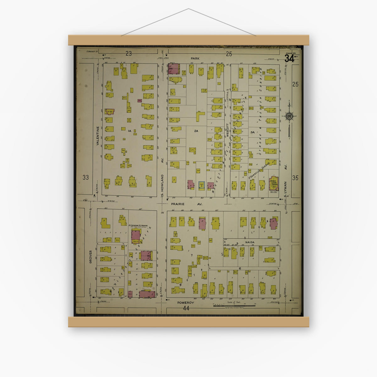 Old map wall art mockup — magnetic wood frame on white wall — Sanborn Fire Insurance Map from Kenosha, Kenosha County, Wisconsin. (1918), Sheet 38