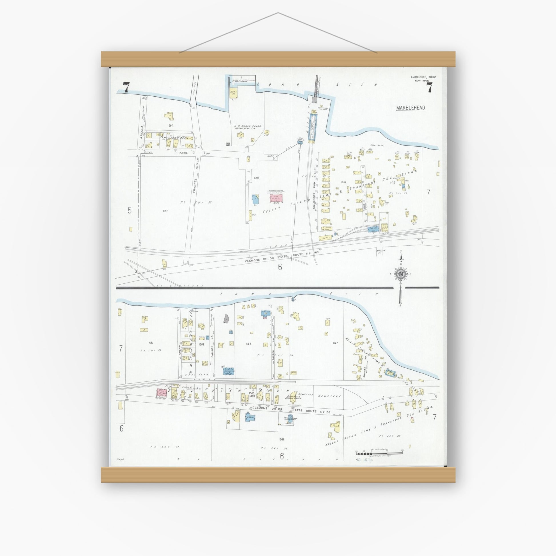 Old map wall art mockup — magnetic wood frame on white wall — Sanborn Fire Insurance Map from Lakeside, Ottawa County, Ohio (1946), Sheet #0007