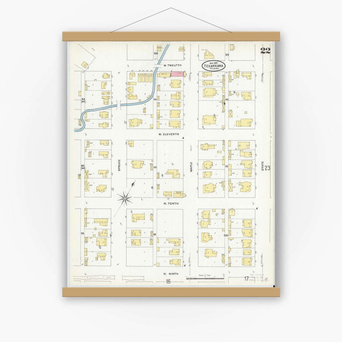 Old map wall art mockup — magnetic wood frame on white wall — Sanborn Fire Insurance Map from Texarkana, Bowie County, Texas (1909), Sheet #0022