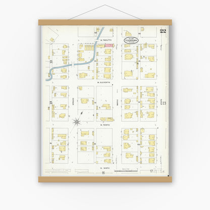 Old map wall art mockup — magnetic wood frame on white wall — Sanborn Fire Insurance Map from Texarkana, Bowie County, Texas (1909), Sheet #0022