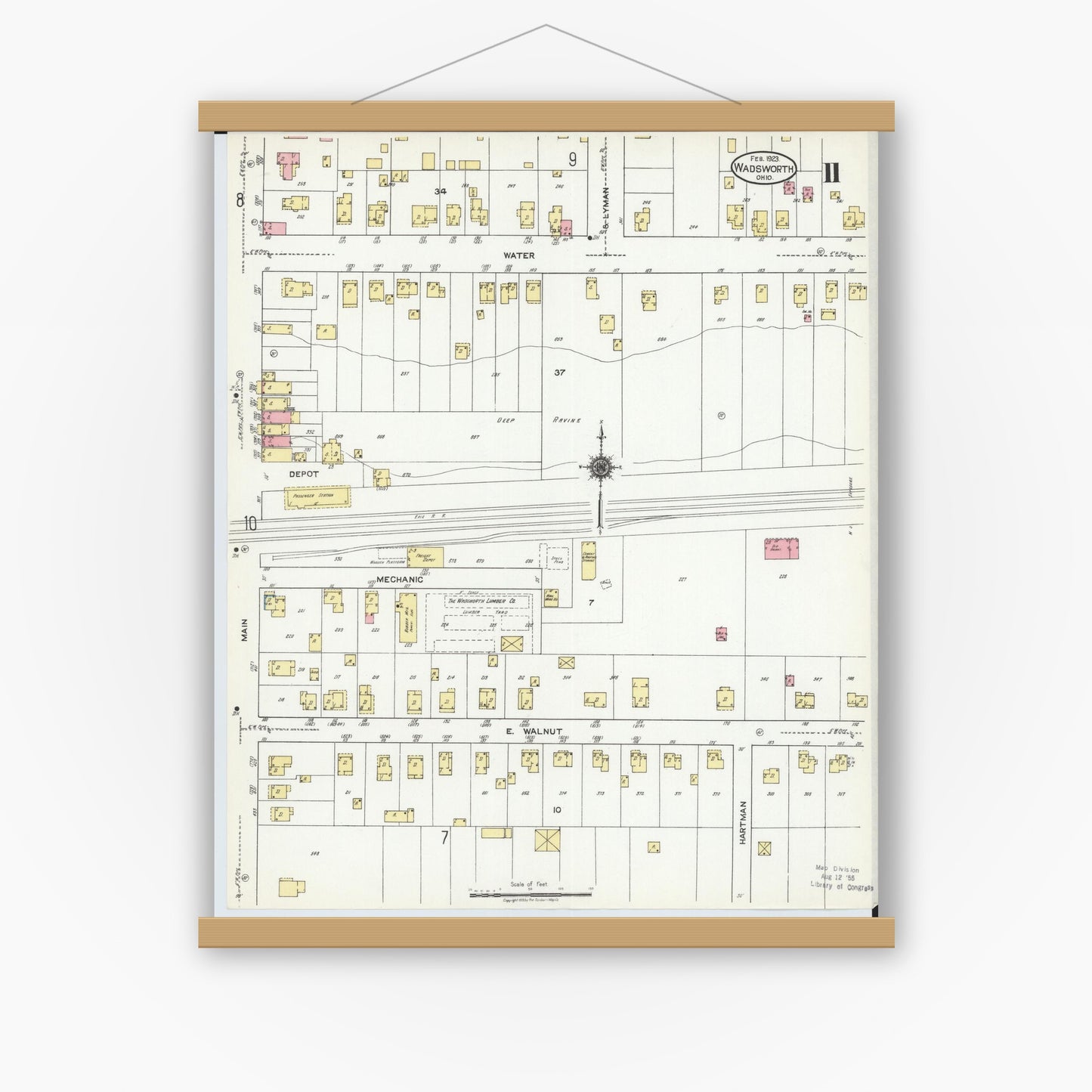 Old map wall art mockup — magnetic wood frame on white wall — Sanborn Fire Insurance Map from Wadsworth, Medina County, Ohio (1923), Sheet #0011