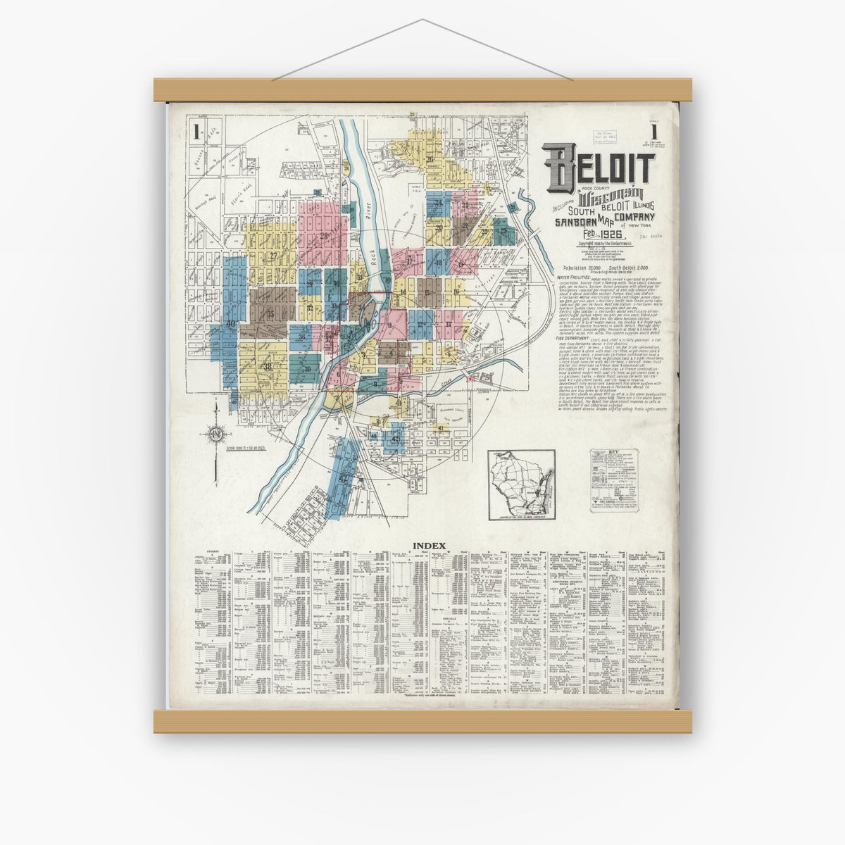Old map wall art mockup — magnetic wood frame on white wall — Sanborn Fire Insurance Map from Beloit, Rock County, Wisconsin (1926), Sheet #0001