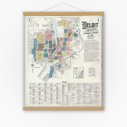 Old map wall art mockup — magnetic wood frame on white wall — Sanborn Fire Insurance Map from Beloit, Rock County, Wisconsin (1926), Sheet #0001
