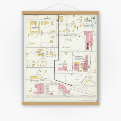 Old map wall art mockup — magnetic wood frame on white wall — Sanborn Fire Insurance Map from Kenton, Hardin County, Ohio (1902), Sheet #0012