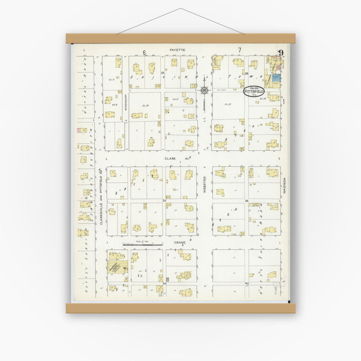 Old map wall art mockup — magnetic wood frame on white wall — Sanborn Fire Insurance Map from Pittsfield, Pike County, Illinois (1913), Sheet #0009