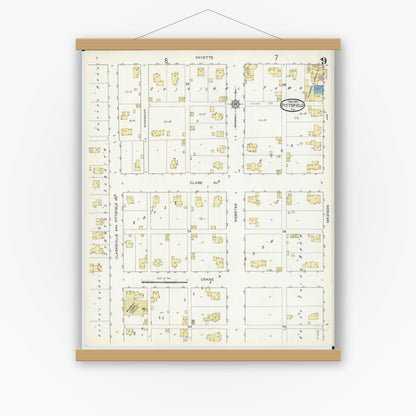 Old map wall art mockup — magnetic wood frame on white wall — Sanborn Fire Insurance Map from Pittsfield, Pike County, Illinois (1913), Sheet #0009