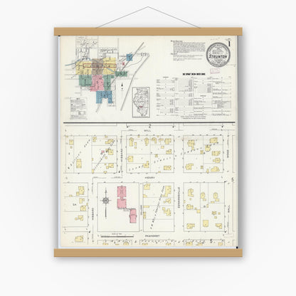 Old map wall art mockup — magnetic wood frame on white wall — Sanborn Fire Insurance Map from Staunton, Macoupin County, Illinois (1913) - Complete Map Set