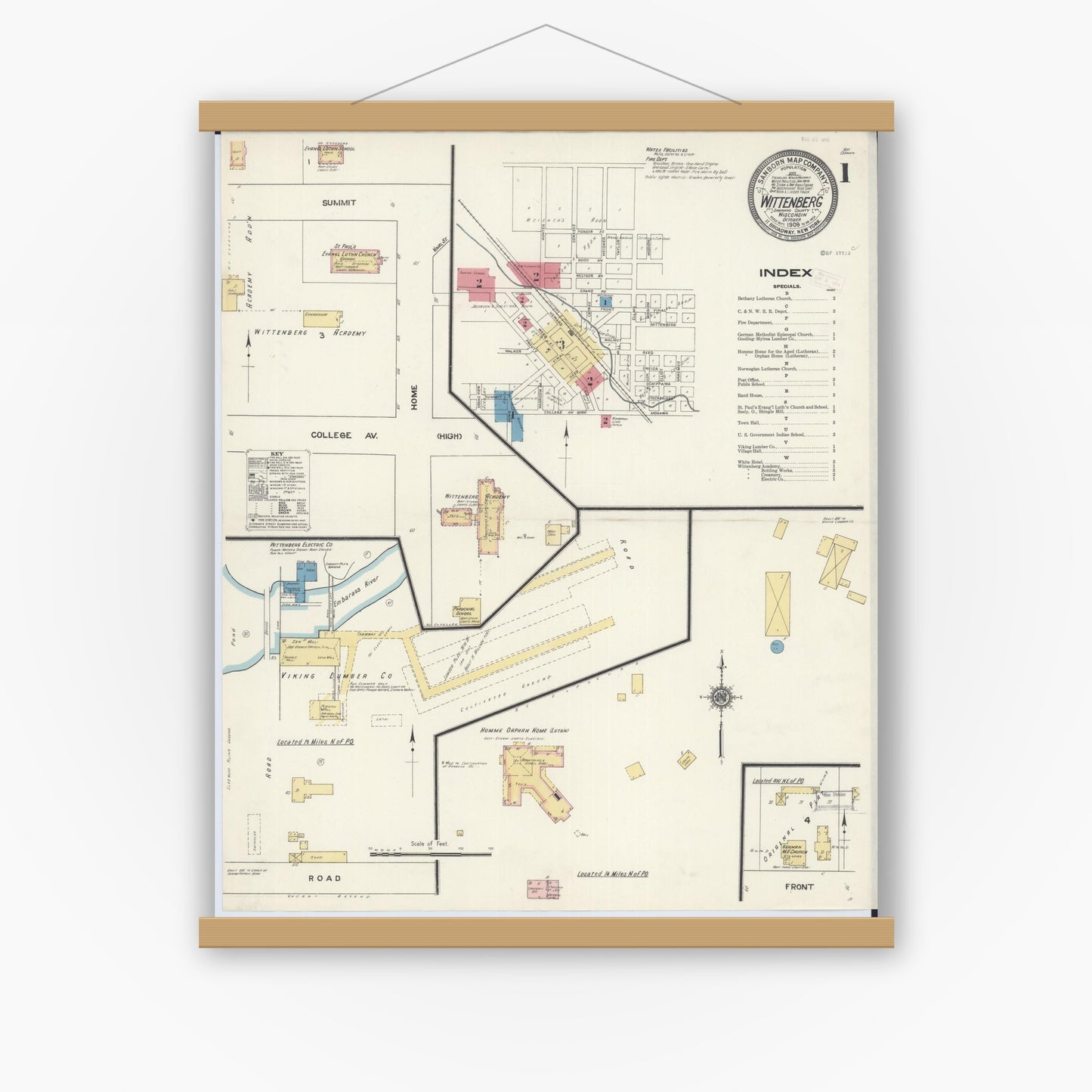 Old map wall art mockup — magnetic wood frame on white wall — Sanborn Fire Insurance Map from Wittenberg, Shawano County, Wisconsin (1909) - Complete Map Set