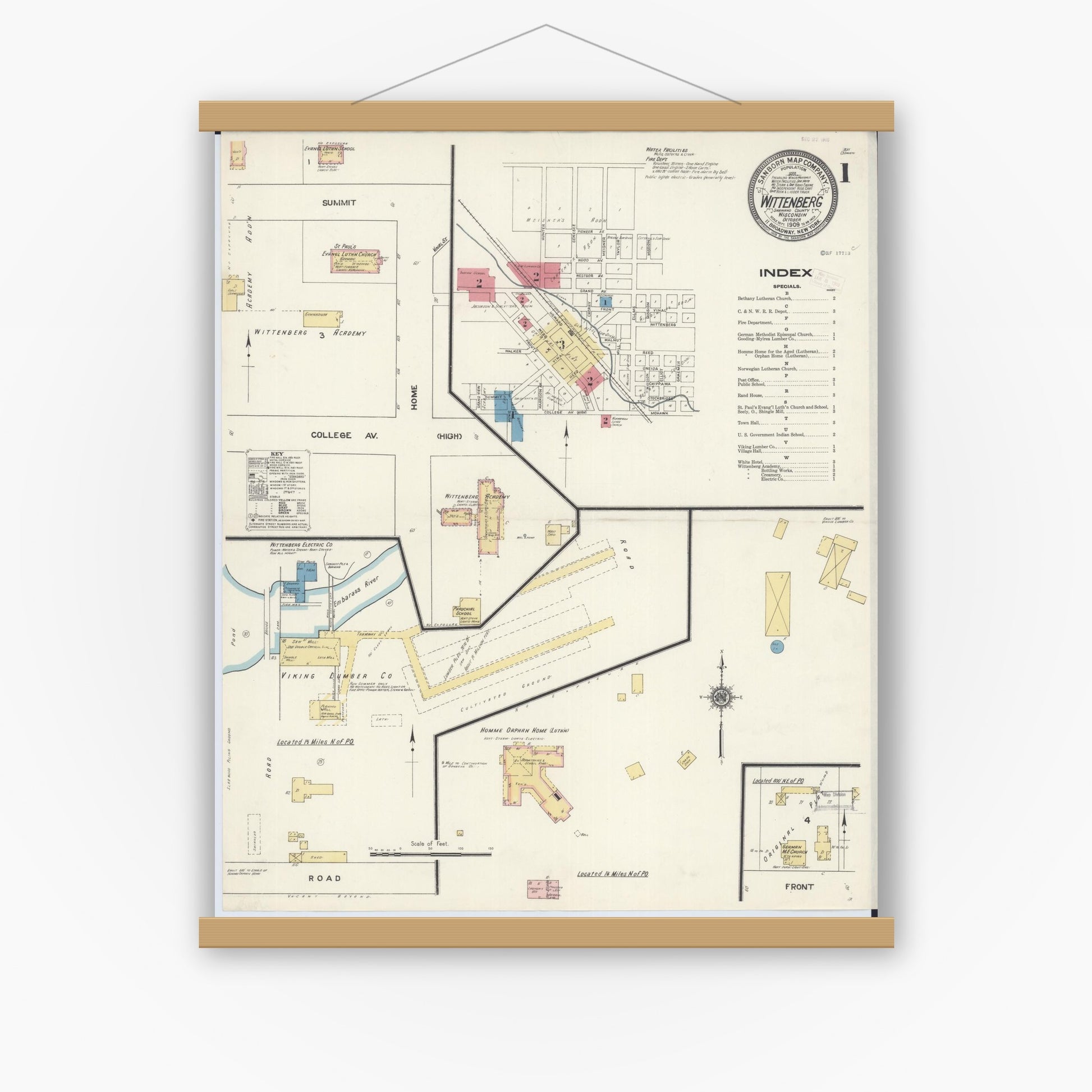 Old map wall art mockup — magnetic wood frame on white wall — Sanborn Fire Insurance Map from Wittenberg, Shawano County, Wisconsin (1909) - Complete Map Set