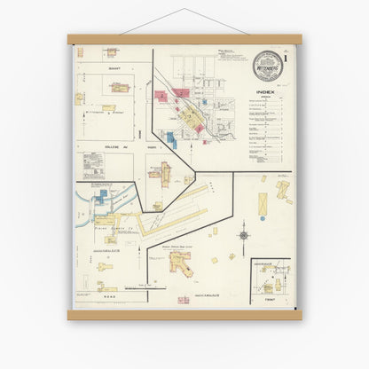Old map wall art mockup — magnetic wood frame on white wall — Sanborn Fire Insurance Map from Wittenberg, Shawano County, Wisconsin (1909) - Complete Map Set