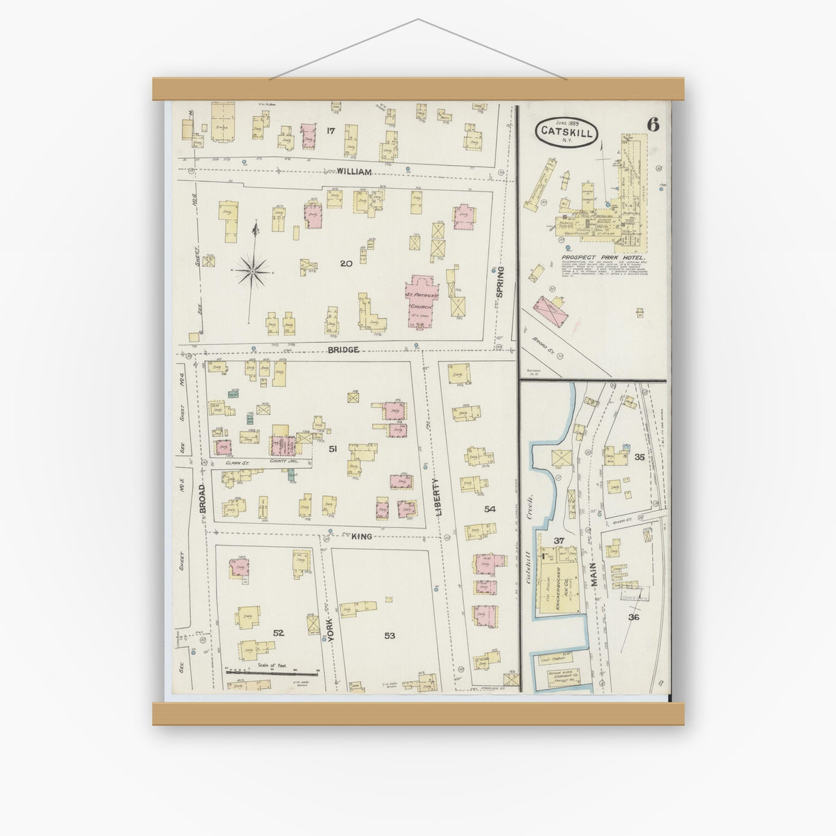 Old map wall art mockup — magnetic wood frame on white wall — Sanborn Fire Insurance Map from Catskill, Greene County, New York (1889), Sheet #0006