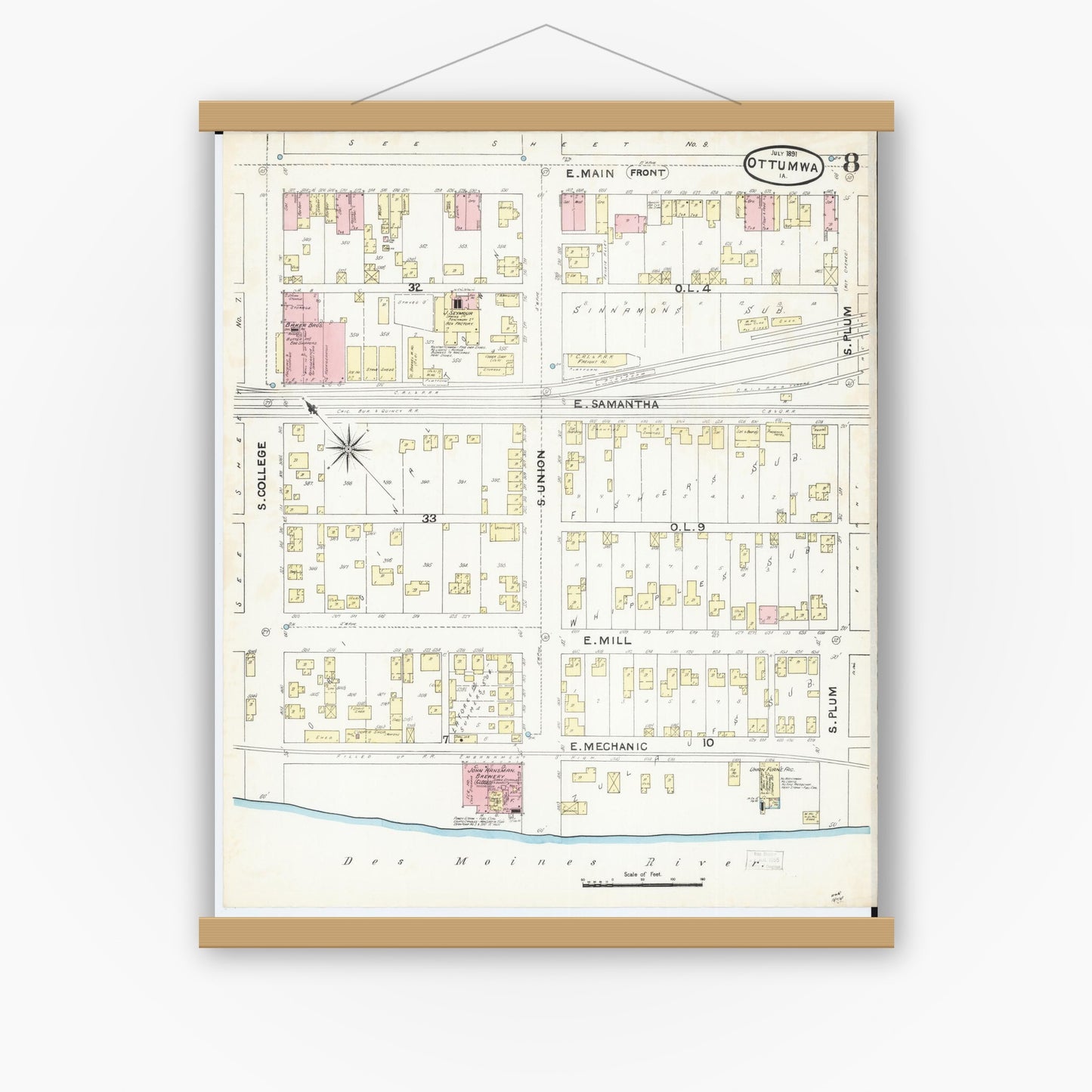 Old map wall art mockup — magnetic wood frame on white wall — Sanborn Fire Insurance Map from Ottumwa, Wapello County, Iowa (1891), Sheet #0008