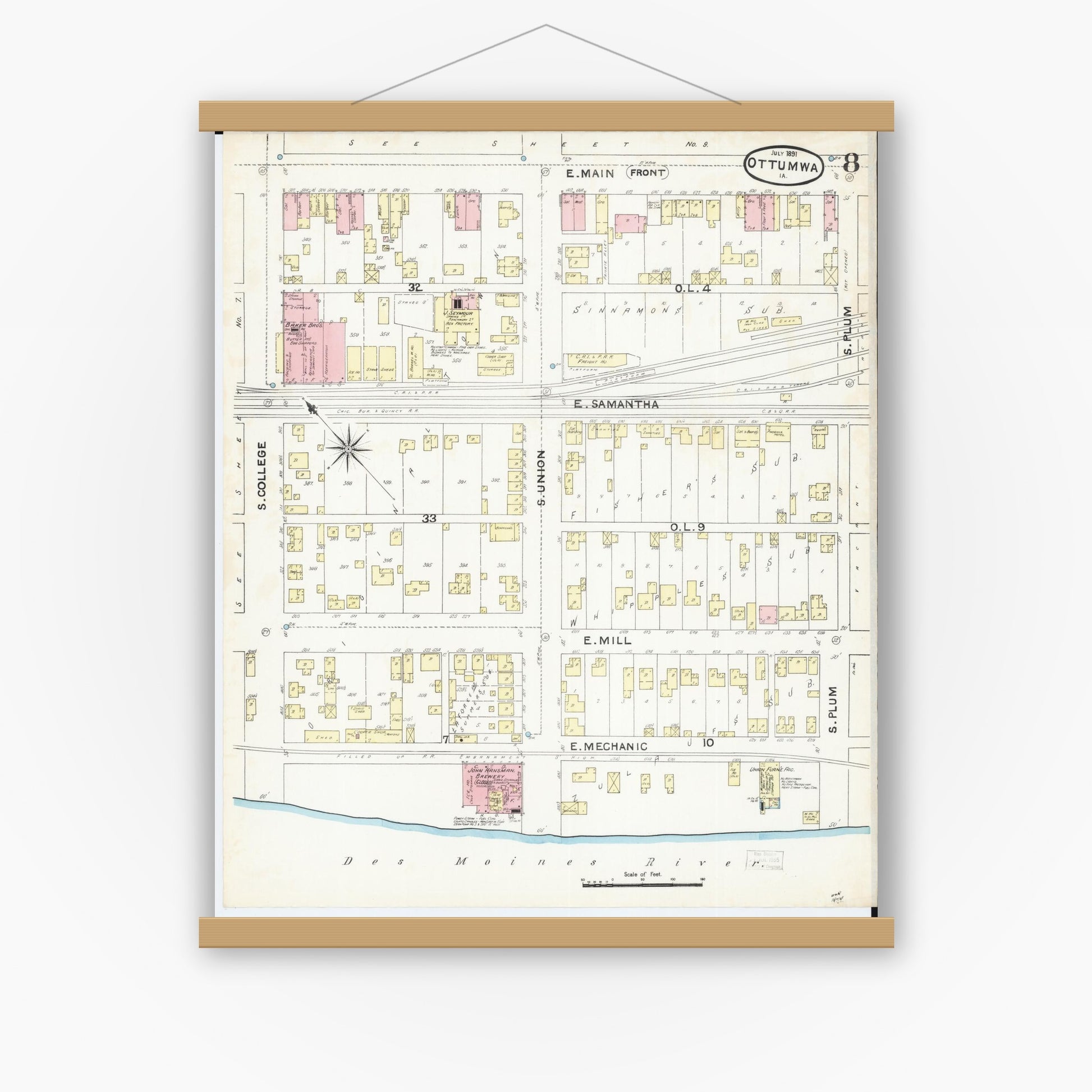 Old map wall art mockup — magnetic wood frame on white wall — Sanborn Fire Insurance Map from Ottumwa, Wapello County, Iowa (1891), Sheet #0008