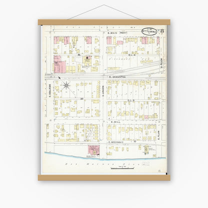 Old map wall art mockup — magnetic wood frame on white wall — Sanborn Fire Insurance Map from Ottumwa, Wapello County, Iowa (1891), Sheet #0008