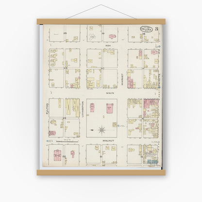 Old map wall art mockup — magnetic wood frame on white wall — Sanborn Fire Insurance Map from Celina, Mercer County, Ohio (1885), Sheet #0003