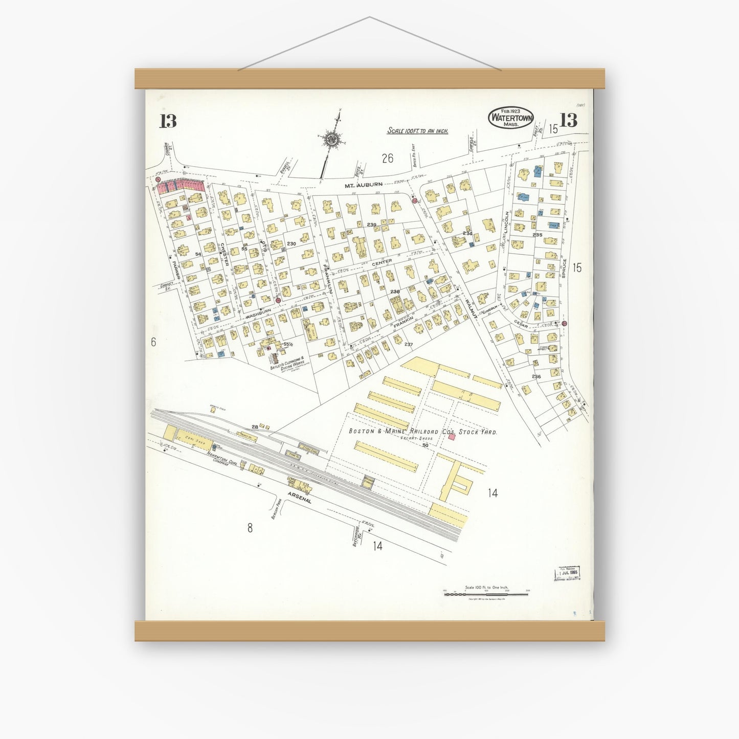 Old map wall art mockup — magnetic wood frame on white wall — Sanborn Fire Insurance Map from Watertown, Middlesex County, Massachusetts (1923), Sheet #0013