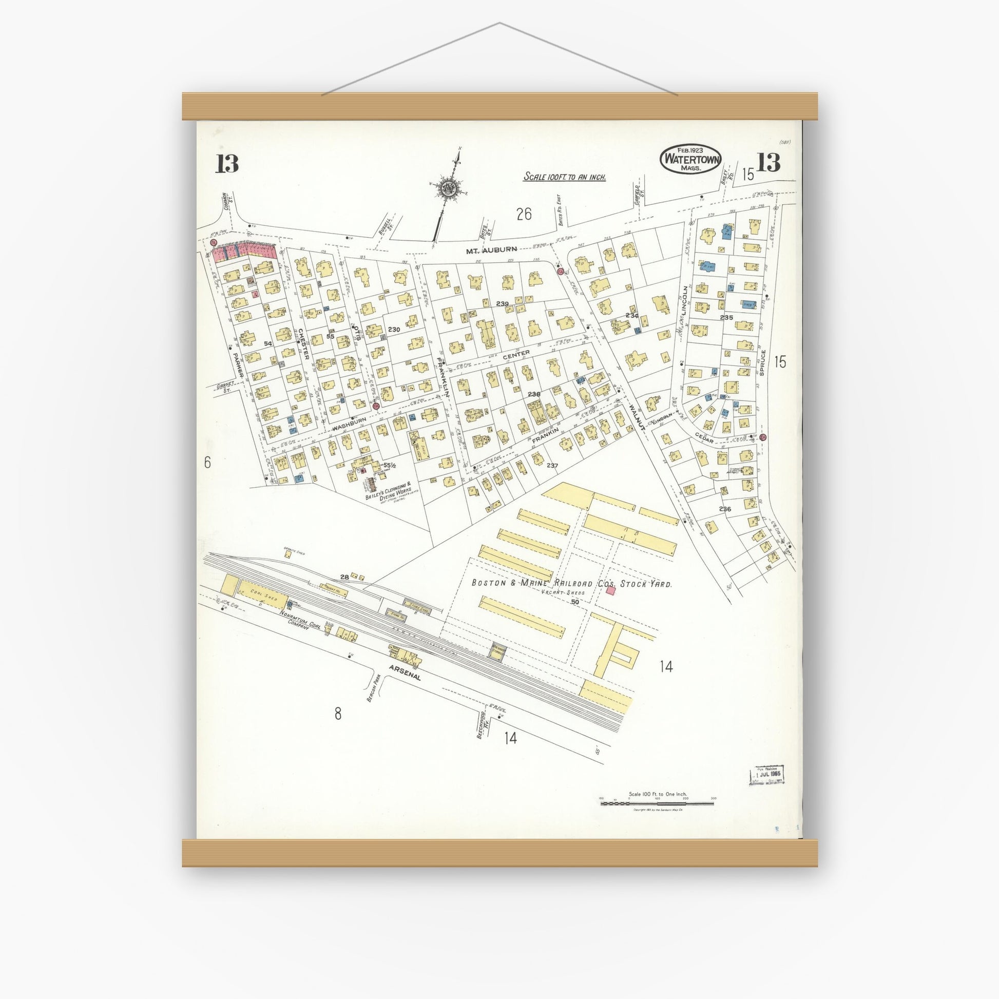 Old map wall art mockup — magnetic wood frame on white wall — Sanborn Fire Insurance Map from Watertown, Middlesex County, Massachusetts (1923), Sheet #0013