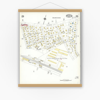 Old map wall art mockup — magnetic wood frame on white wall — Sanborn Fire Insurance Map from Watertown, Middlesex County, Massachusetts (1923), Sheet #0013