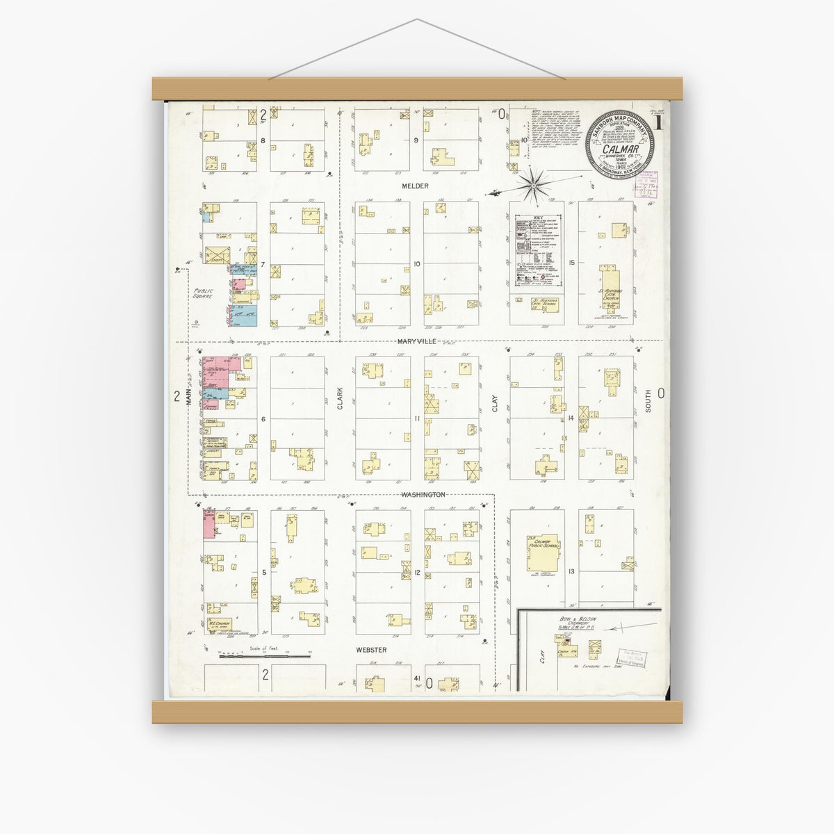 Old map wall art mockup — magnetic wood frame on white wall — Sanborn Fire Insurance Map from Calmar, Winneshiek County, Iowa (1902) â€” Complete Set