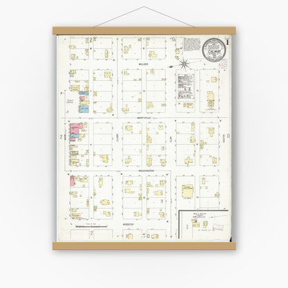 Old map wall art mockup — magnetic wood frame on white wall — Sanborn Fire Insurance Map from Calmar, Winneshiek County, Iowa (1902) â€” Complete Set