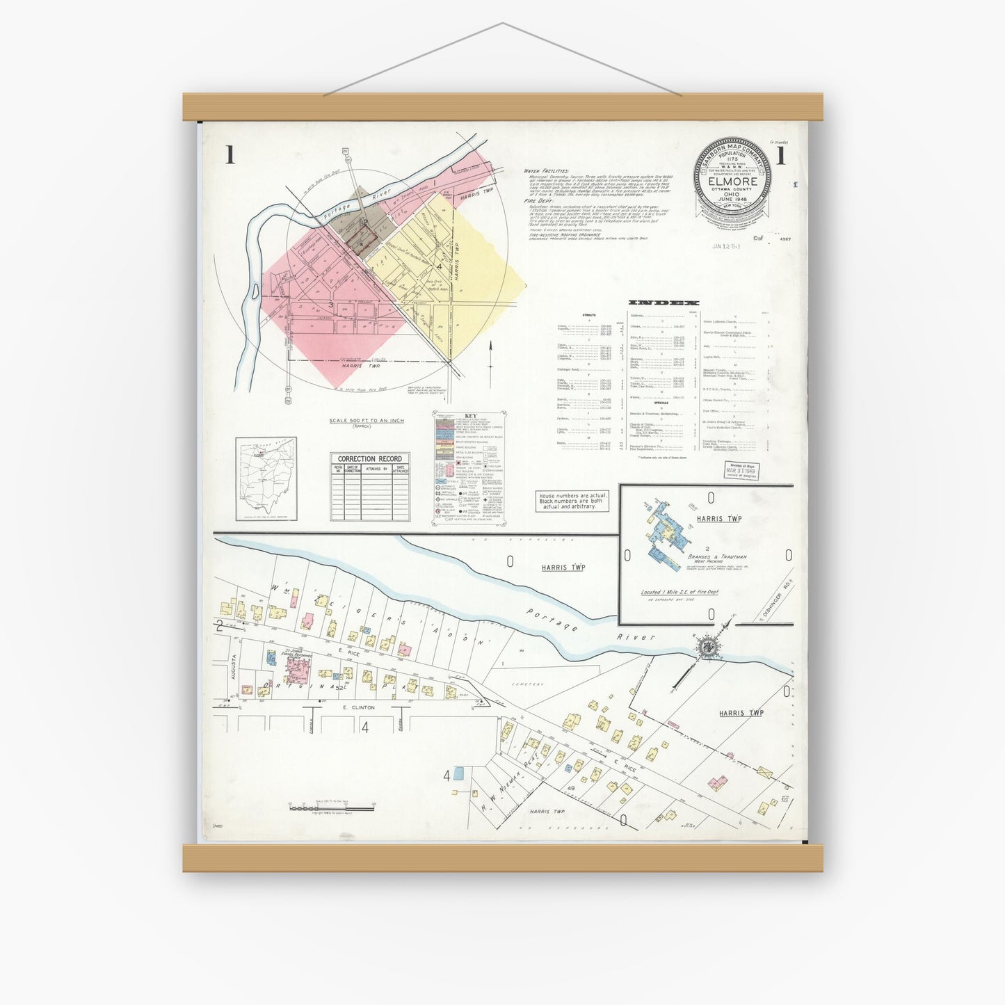 Old map wall art mockup — magnetic wood frame on white wall — Sanborn Fire Insurance Map from Elmore, Ottawa County, Ohio (1948) - Complete Map Set