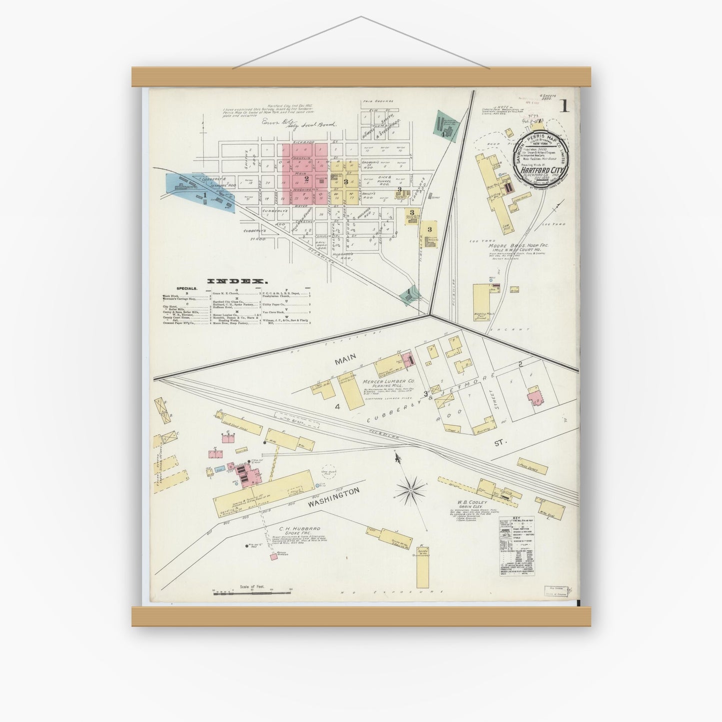 Old map wall art mockup — magnetic wood frame on white wall — Sanborn Fire Insurance Map from Hartford City, Blackford County, Indiana (1892) - Complete Map Set