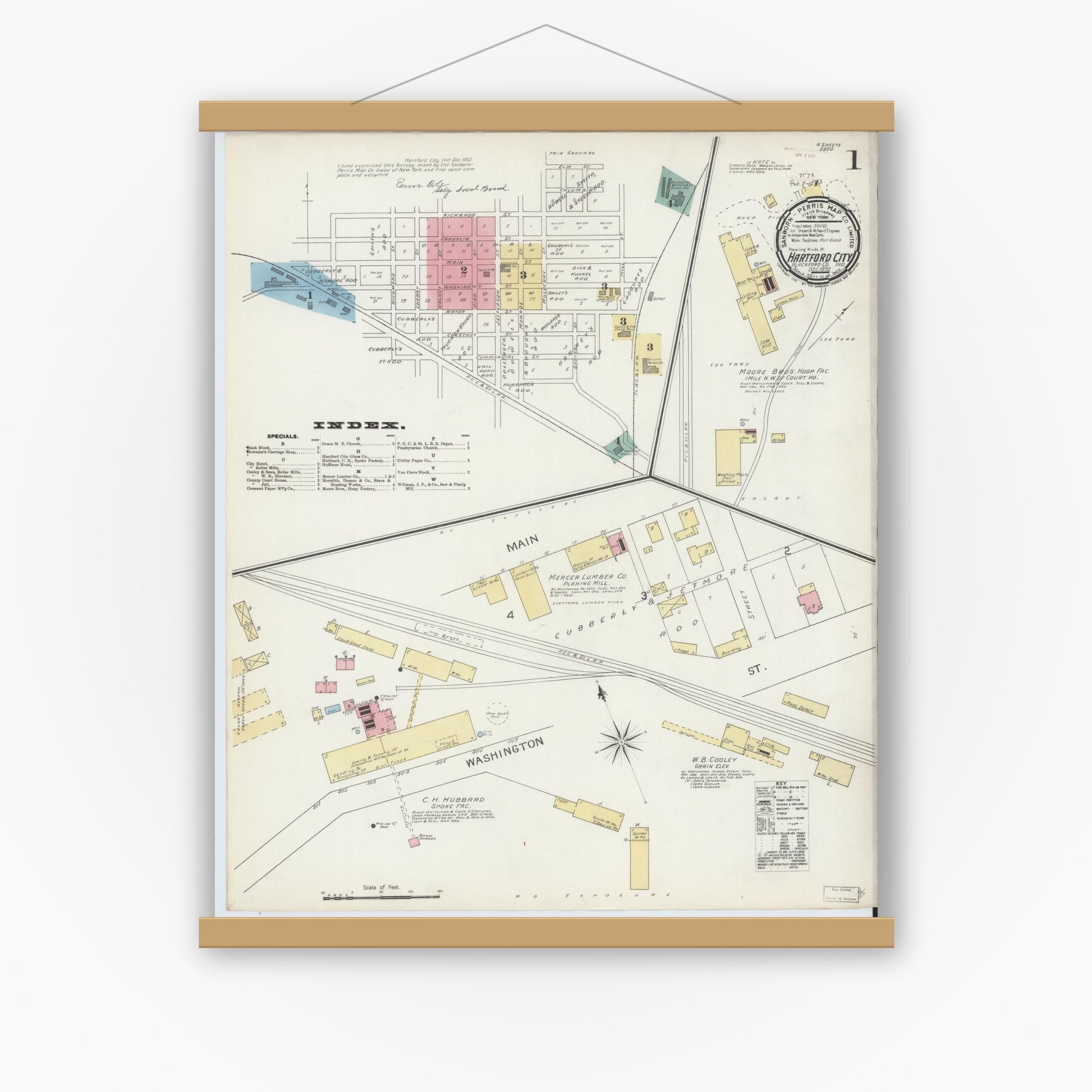 Old map wall art mockup — magnetic wood frame on white wall — Sanborn Fire Insurance Map from Hartford City, Blackford County, Indiana (1892) - Complete Map Set