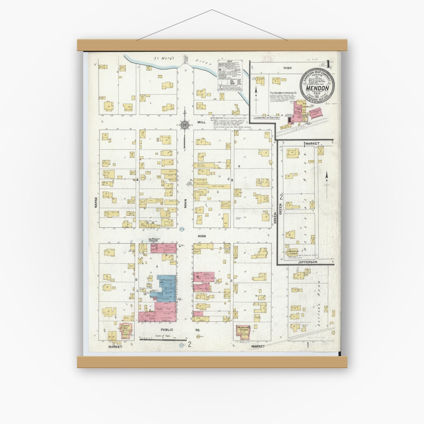 Old map wall art mockup — magnetic wood frame on white wall — Sanborn Fire Insurance Map from Mendon, Mercer County, Ohio (1911), Sheet #0001