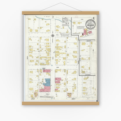 Old map wall art mockup — magnetic wood frame on white wall — Sanborn Fire Insurance Map from Mendon, Mercer County, Ohio (1911), Sheet #0001