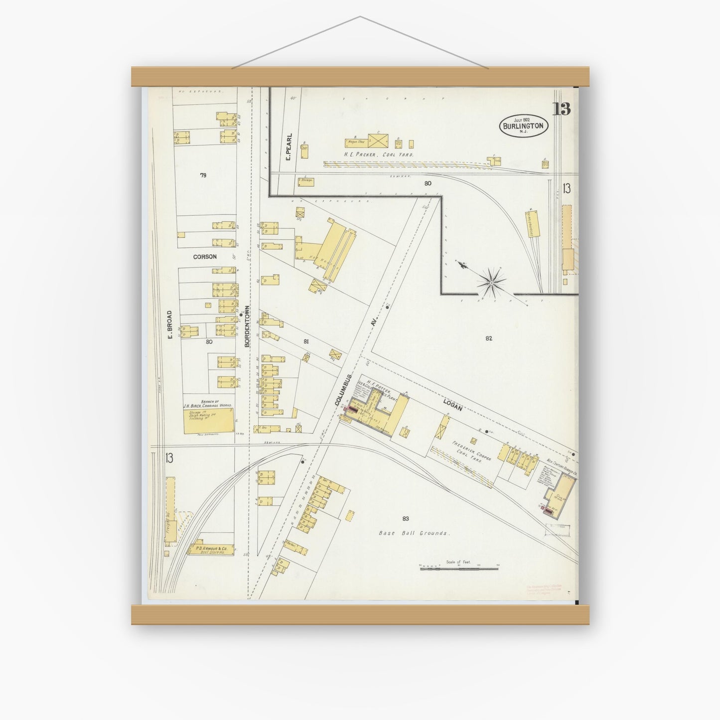 Old map wall art mockup — magnetic wood frame on white wall — Sanborn Fire Insurance Map from Burlington, Burlington County, New Jersey (1902), Sheet #0013