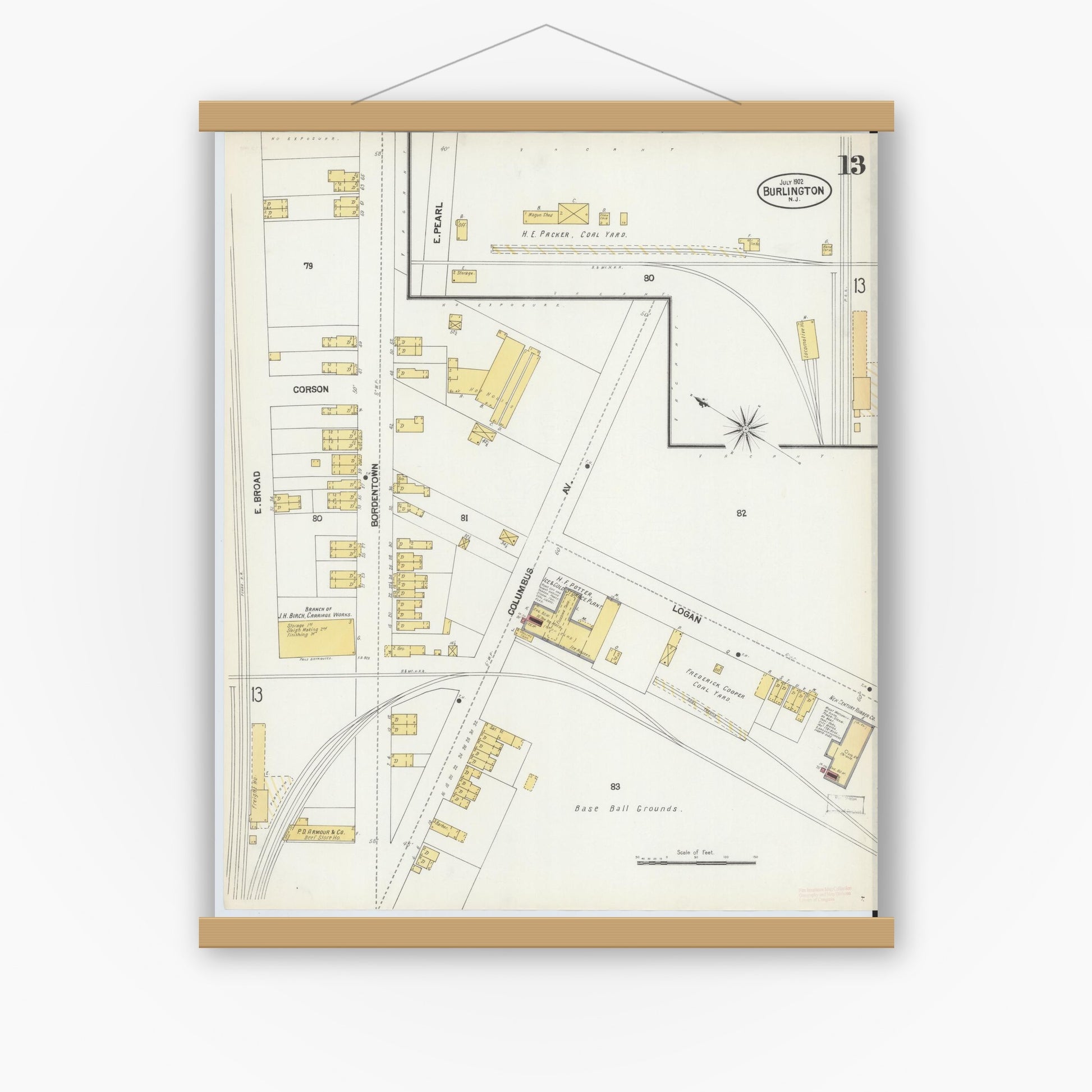 Old map wall art mockup — magnetic wood frame on white wall — Sanborn Fire Insurance Map from Burlington, Burlington County, New Jersey (1902), Sheet #0013