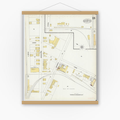 Old map wall art mockup — magnetic wood frame on white wall — Sanborn Fire Insurance Map from Burlington, Burlington County, New Jersey (1902), Sheet #0013